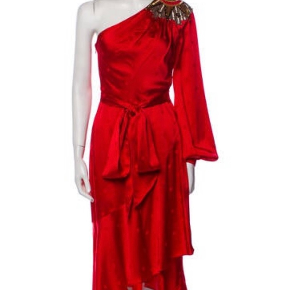 Temperley London Scarlet One Shoulder Dress with Gold Detail - Picture 3 of 8